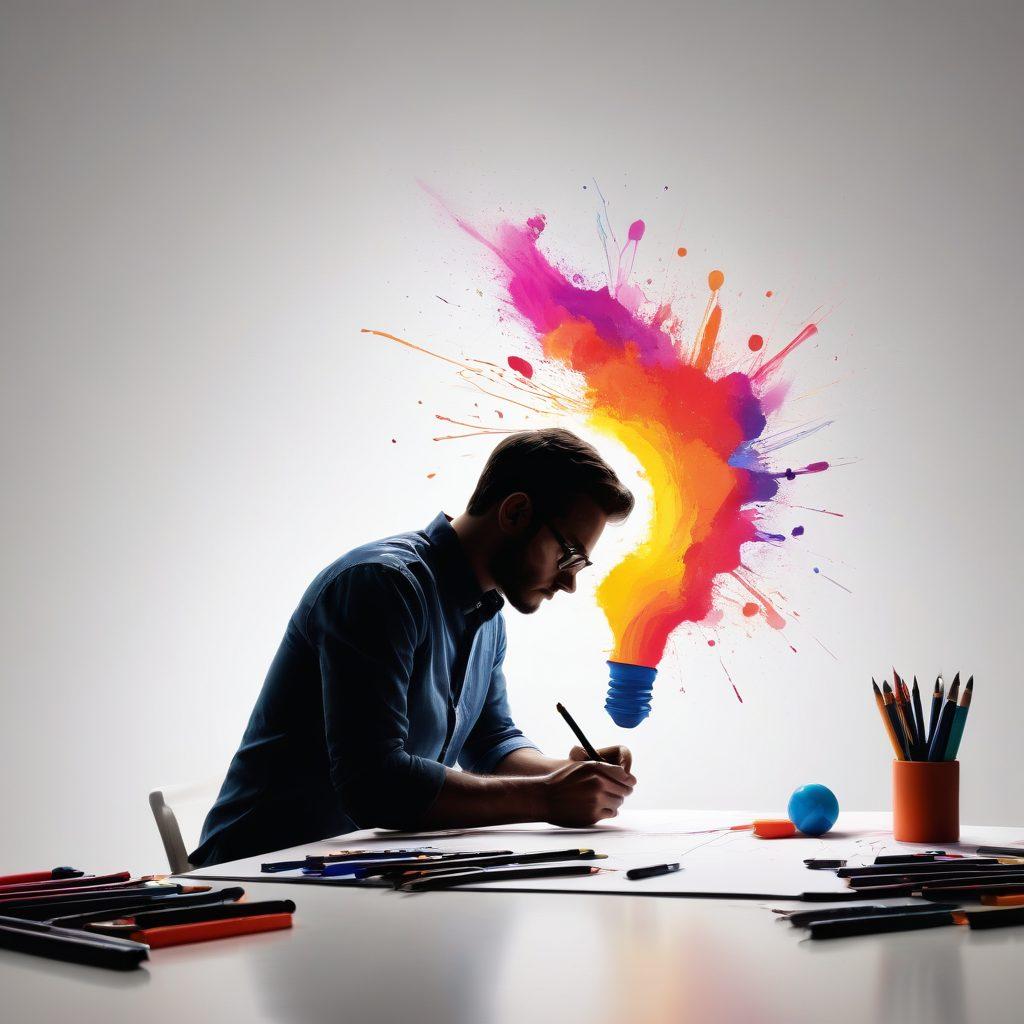 A dynamic scene showcasing a variety of innovative and stylish logos sprawled across a vibrant palette, with design tools like pens, brushes, and digital tablets scattered around. The background features abstract shapes and color splashes symbolizing creativity and branding. A light bulb flickers above, symbolizing ideas, with a silhouette of a designer sketching in the foreground. super-realistic. vibrant colors. minimalist white background.