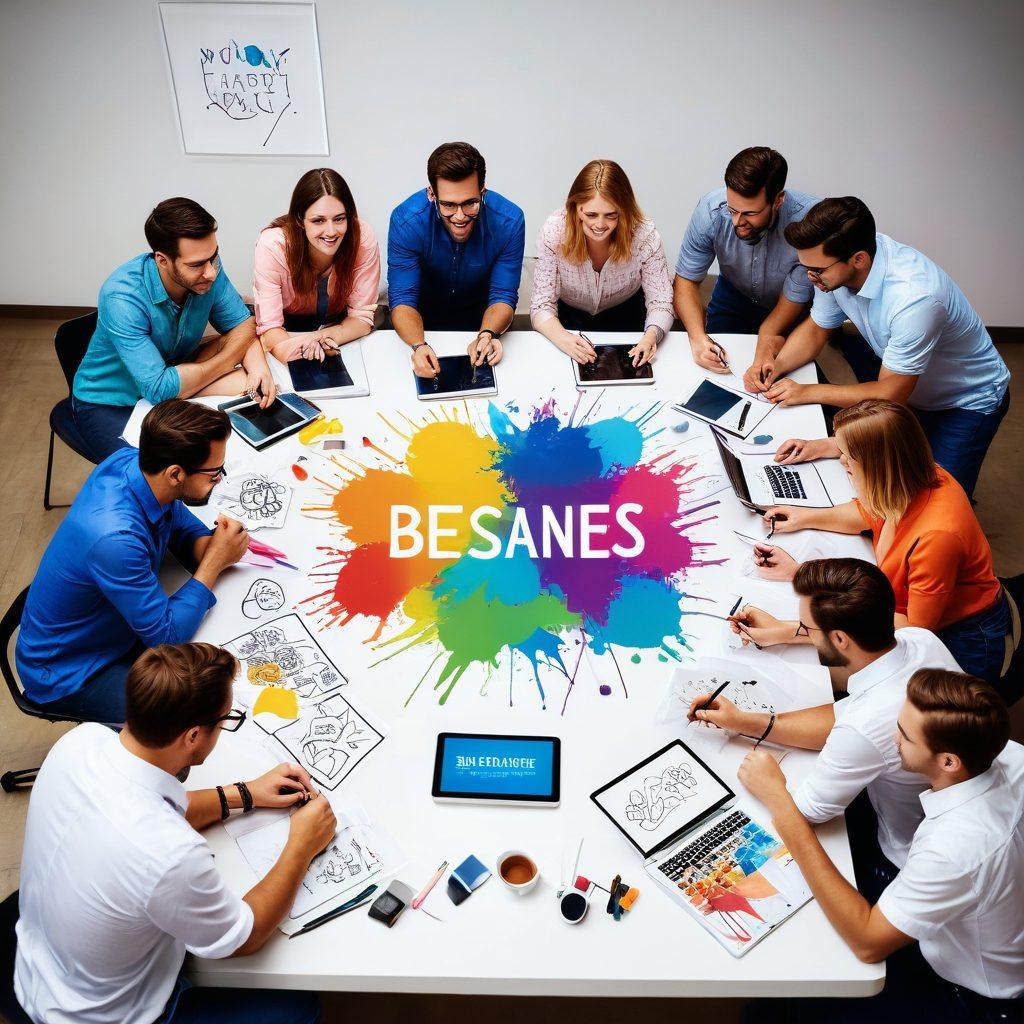 A dynamic workspace showcasing a diverse group of creative professionals brainstorming logo designs, surrounded by colorful sketches and digital screens filled with vibrant logo concepts. Include elements like paint splashes, typography samples, and design tools for a lively atmosphere. Subtle hints of collaboration and creativity in the air. super-realistic. vibrant colors. white background.